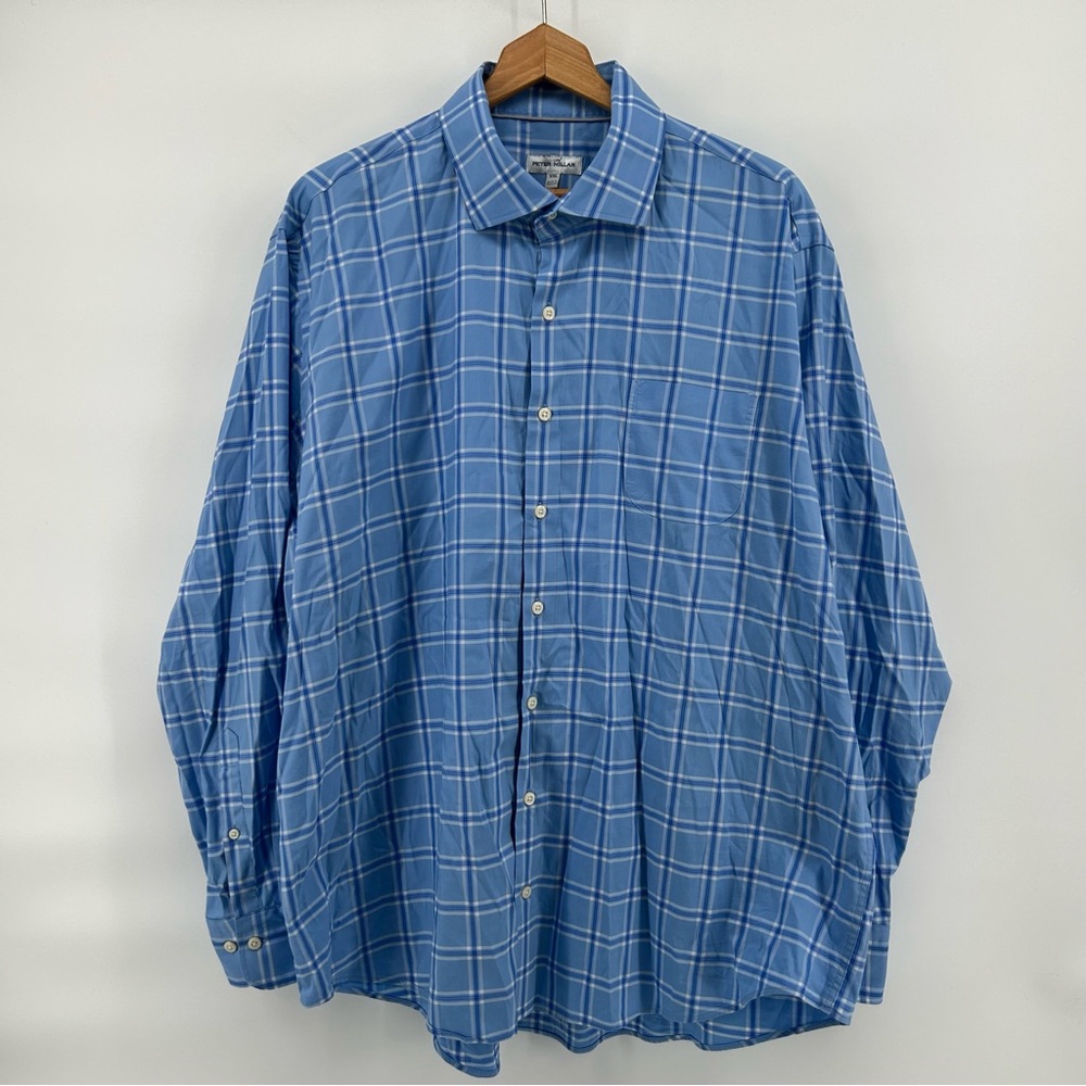Peter Millar Plaid Button Down Shirt Mens 2XL Blue White Windowpane Plaid